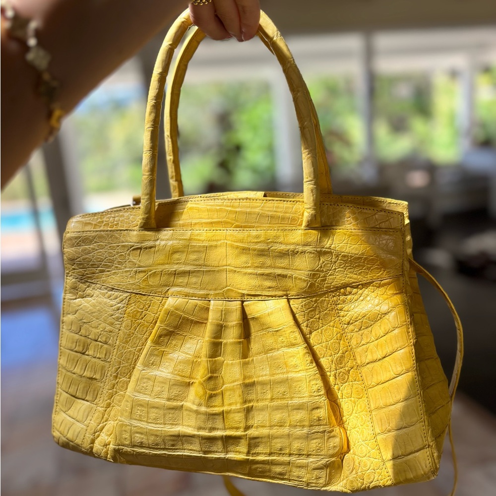 Rare Nancy Gonzalez Elegant Yellow Crocodile-Embossed Tote Bag